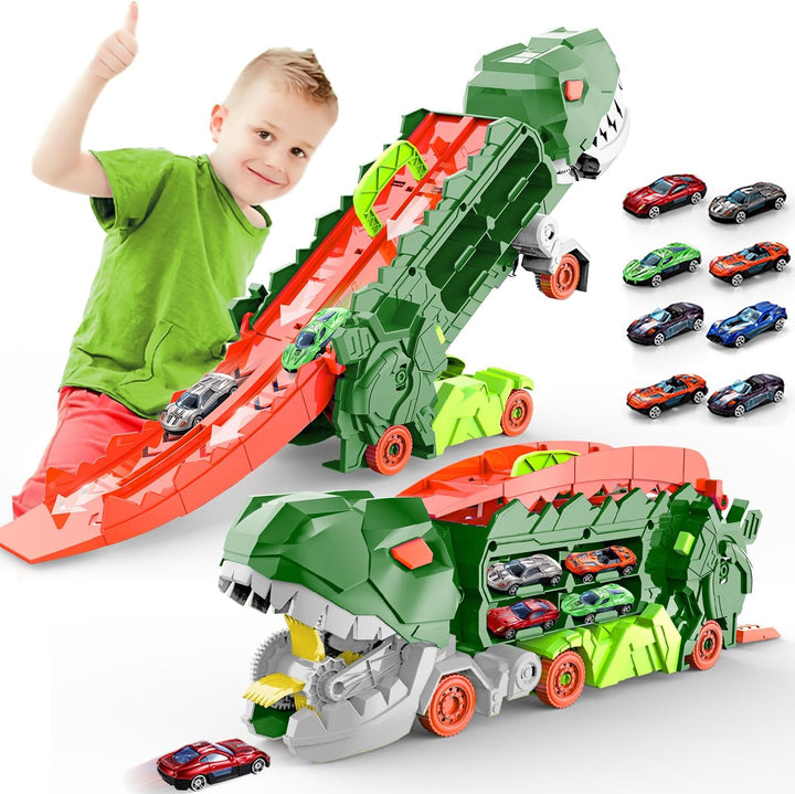 "Camion transformable en piste de course à thème dinosaure, jouet multicolore pour enfants 3-6 ans, renforce l'imagination."
