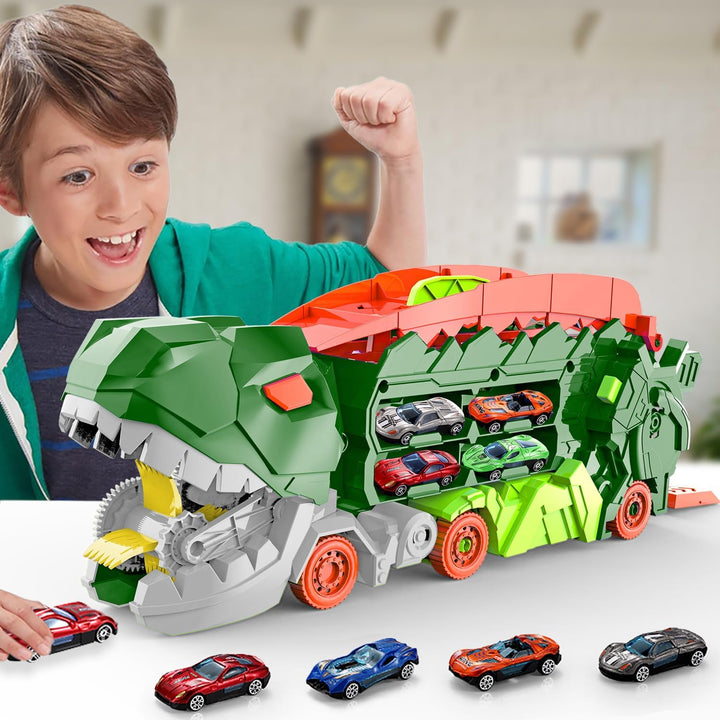 "Camion transformable en piste de course à thème dinosaure, jouet multicolore pour enfants 3-6 ans, renforce l'imagination."