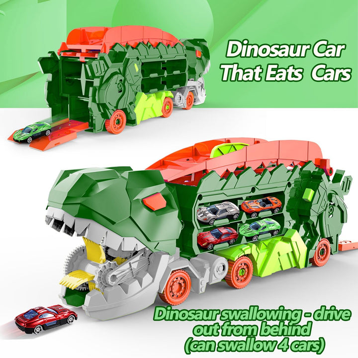 "Camion transformable en piste de course à thème dinosaure, jouet multicolore pour enfants 3-6 ans, renforce l'imagination."