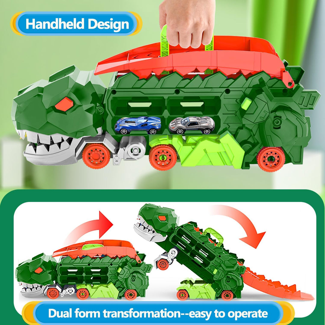 "Camion transformable en piste de course à thème dinosaure, jouet multicolore pour enfants 3-6 ans, renforce l'imagination."