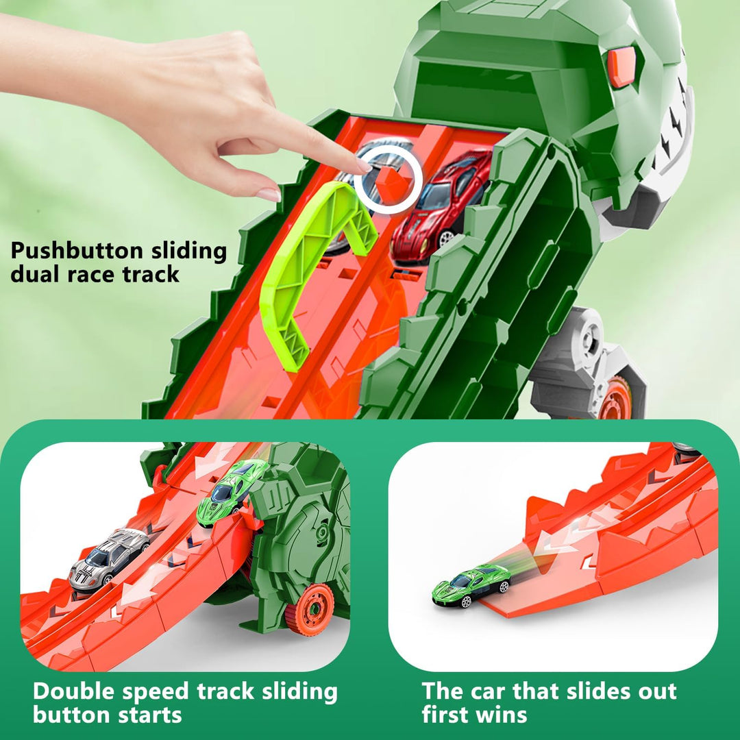 "Camion transformable en piste de course à thème dinosaure, jouet multicolore pour enfants 3-6 ans, renforce l'imagination."