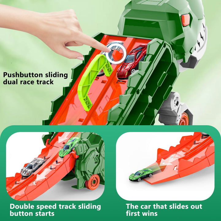 "Camion transformable en piste de course à thème dinosaure, jouet multicolore pour enfants 3-6 ans, renforce l'imagination."