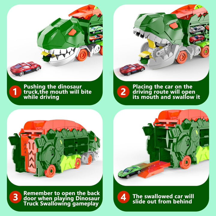 "Camion transformable en piste de course à thème dinosaure, jouet multicolore pour enfants 3-6 ans, renforce l'imagination."