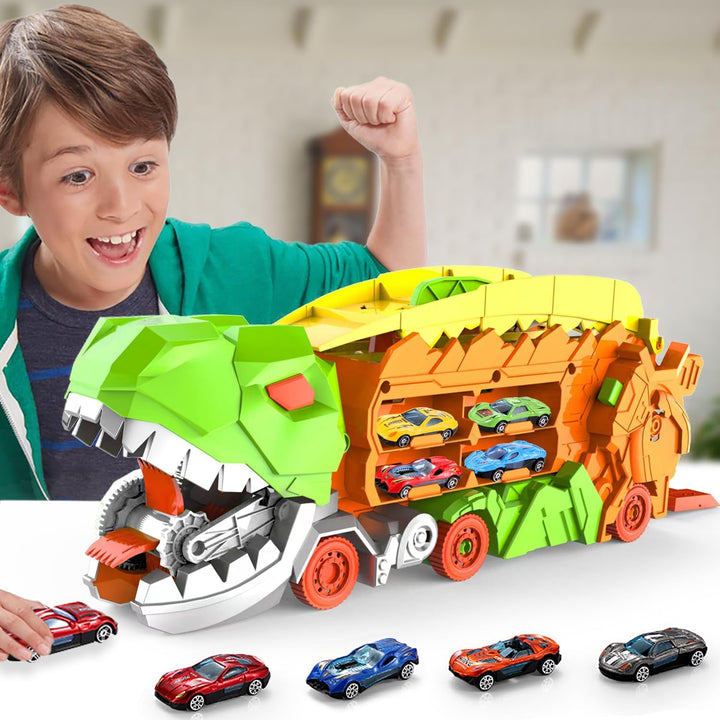 "Camion transformable en piste de course à thème dinosaure, jouet multicolore pour enfants 3-6 ans, renforce l'imagination."