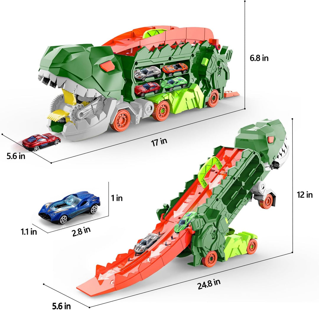 "Camion transformable en piste de course à thème dinosaure, jouet multicolore pour enfants 3-6 ans, renforce l'imagination."