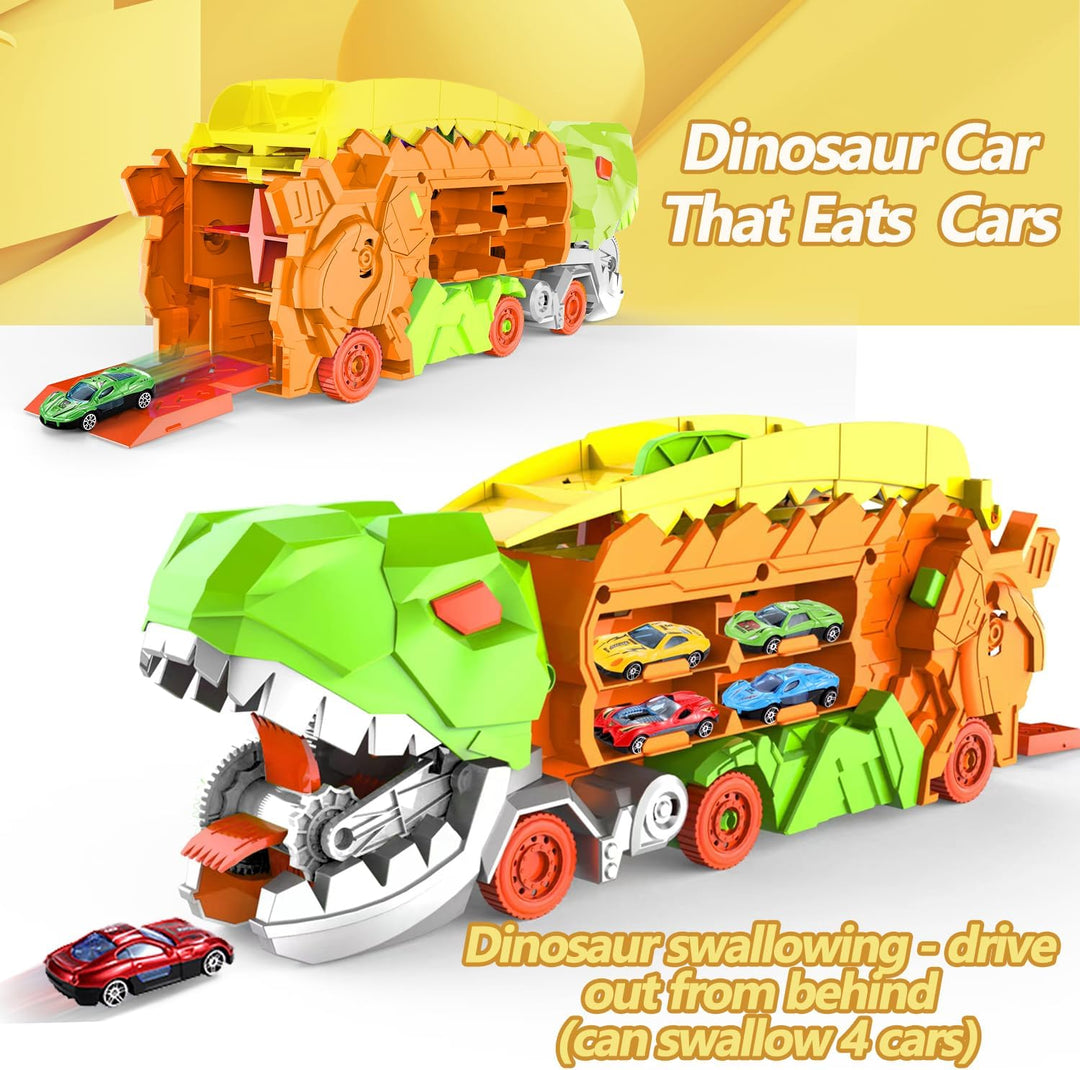 "Camion transformable en piste de course à thème dinosaure, jouet multicolore pour enfants 3-6 ans, renforce l'imagination."