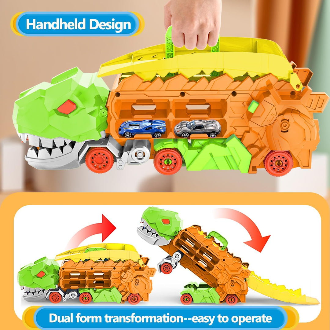 "Camion transformable en piste de course à thème dinosaure, jouet multicolore pour enfants 3-6 ans, renforce l'imagination."