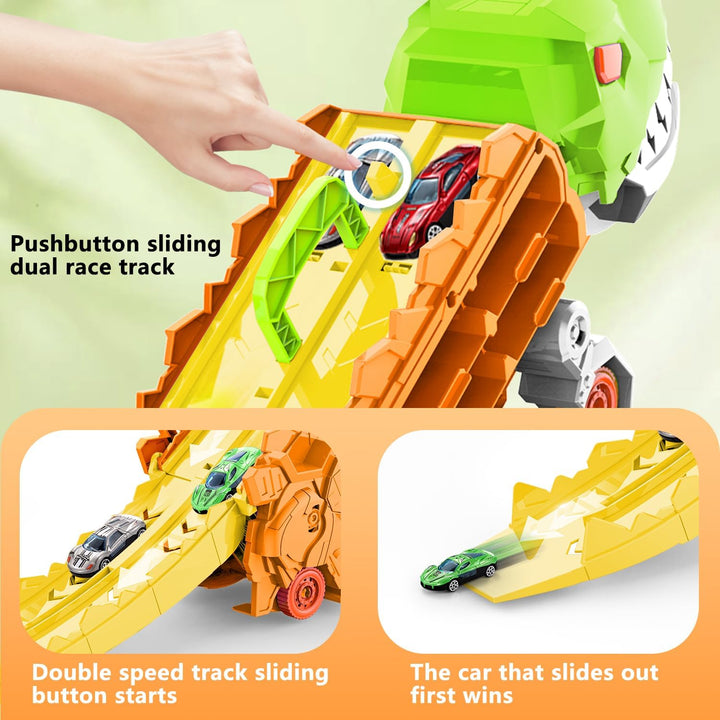 "Camion transformable en piste de course à thème dinosaure, jouet multicolore pour enfants 3-6 ans, renforce l'imagination."
