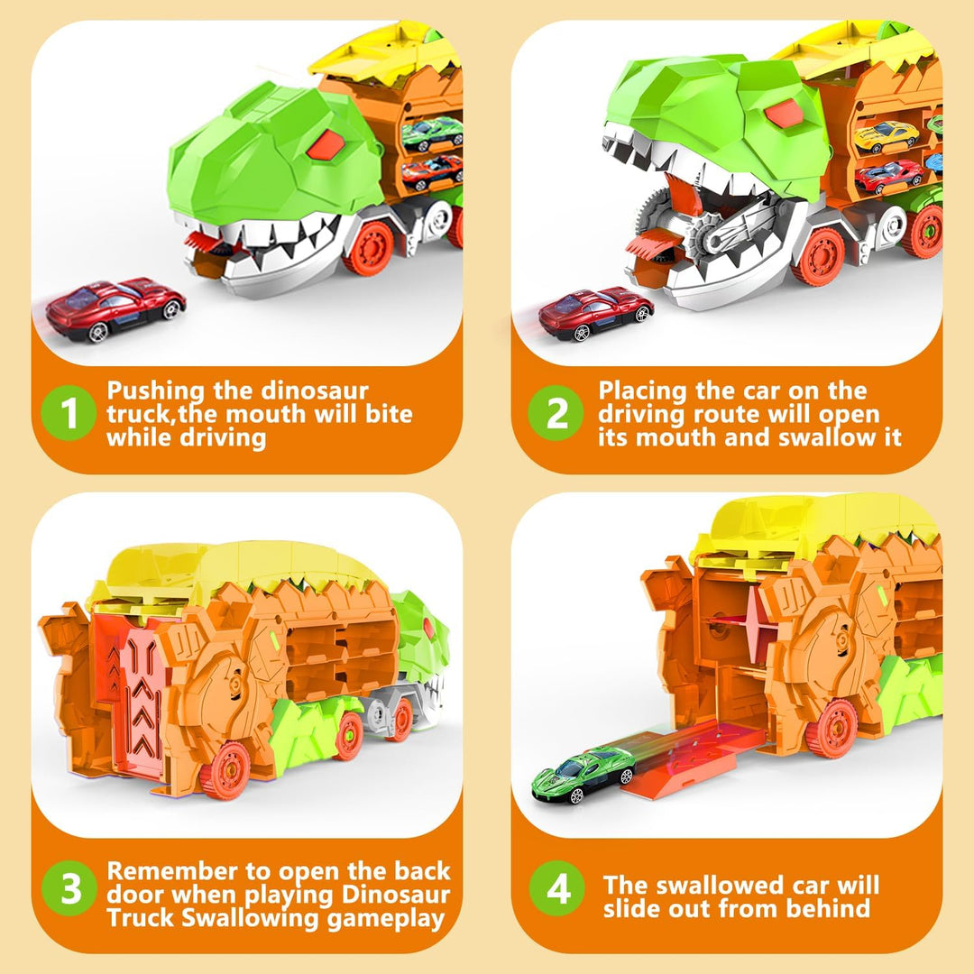"Camion transformable en piste de course à thème dinosaure, jouet multicolore pour enfants 3-6 ans, renforce l'imagination."