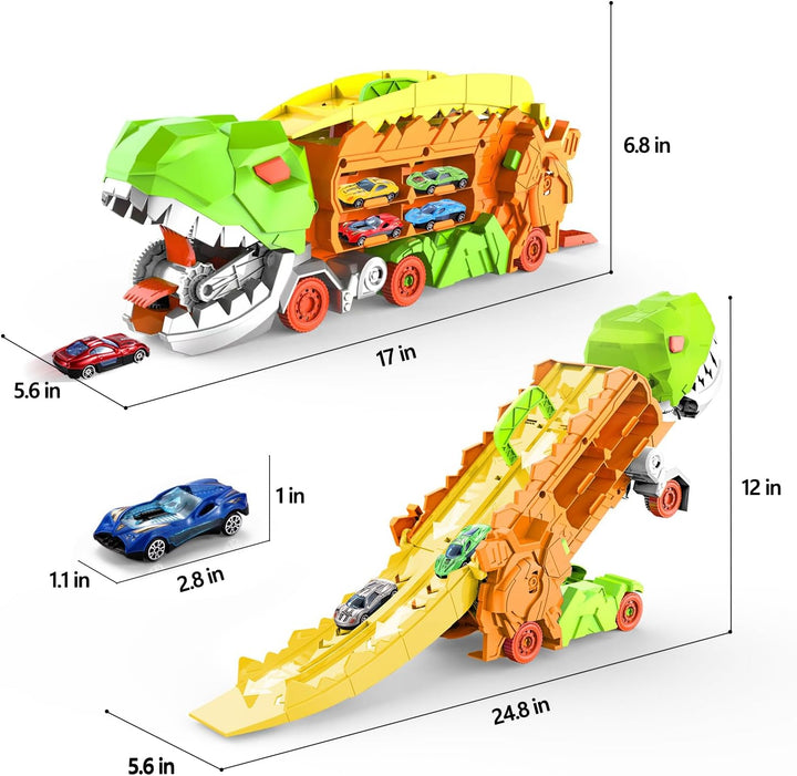 "Camion transformable en piste de course à thème dinosaure, jouet multicolore pour enfants 3-6 ans, renforce l'imagination."