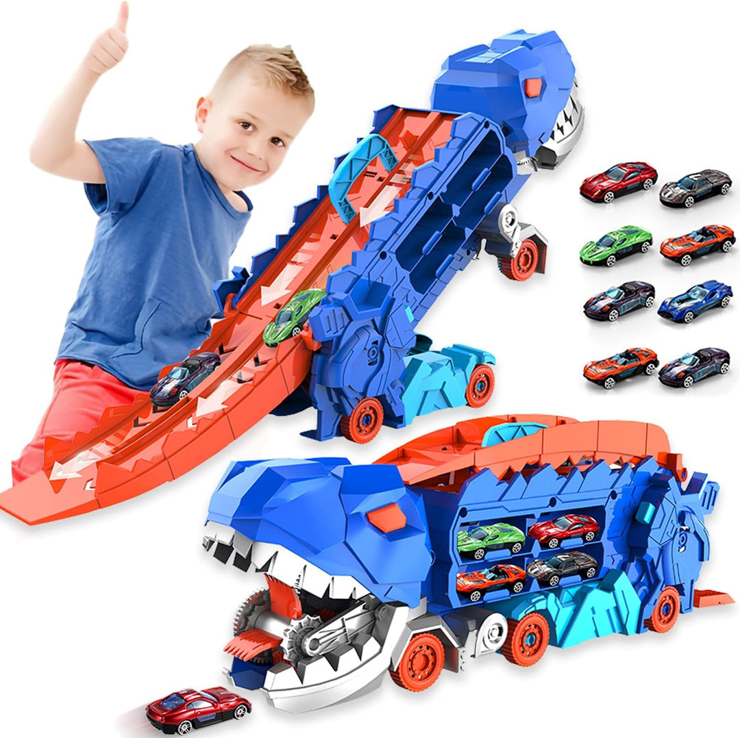 "Camion transformable en piste de course à thème dinosaure, jouet multicolore pour enfants 3-6 ans, renforce l'imagination."