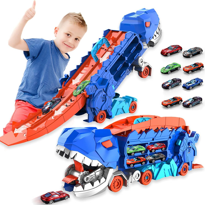 "Camion transformable en piste de course à thème dinosaure, jouet multicolore pour enfants 3-6 ans, renforce l'imagination."