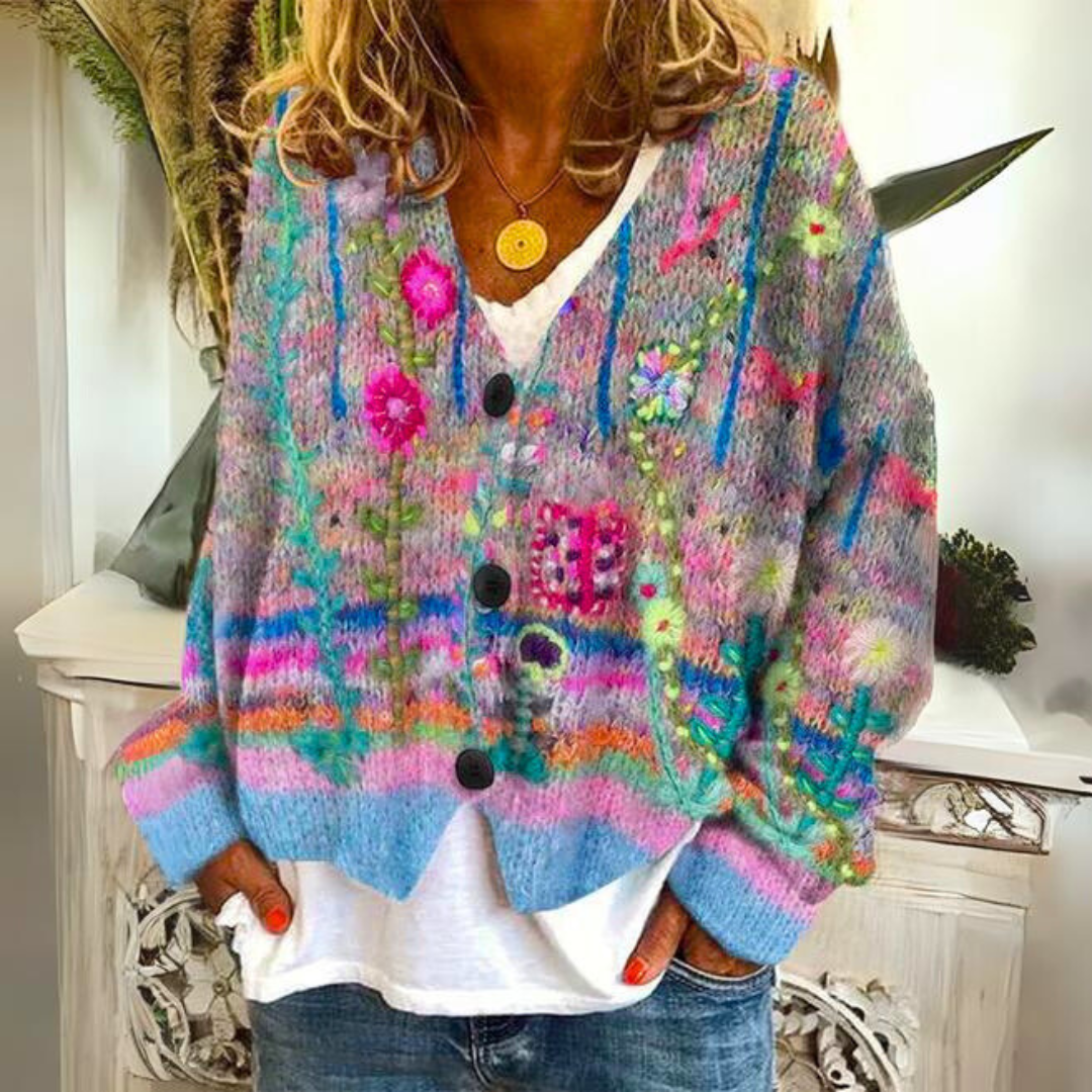 Cardigan bohème Elisa pour femme, multicolore à coupe ample, avec broderies florales. Idéal automne-hiver.