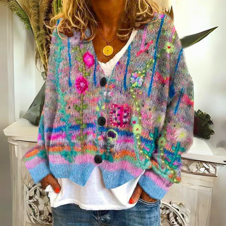 Cardigan bohème Elisa pour femme, multicolore à coupe ample, avec broderies florales. Idéal automne-hiver.