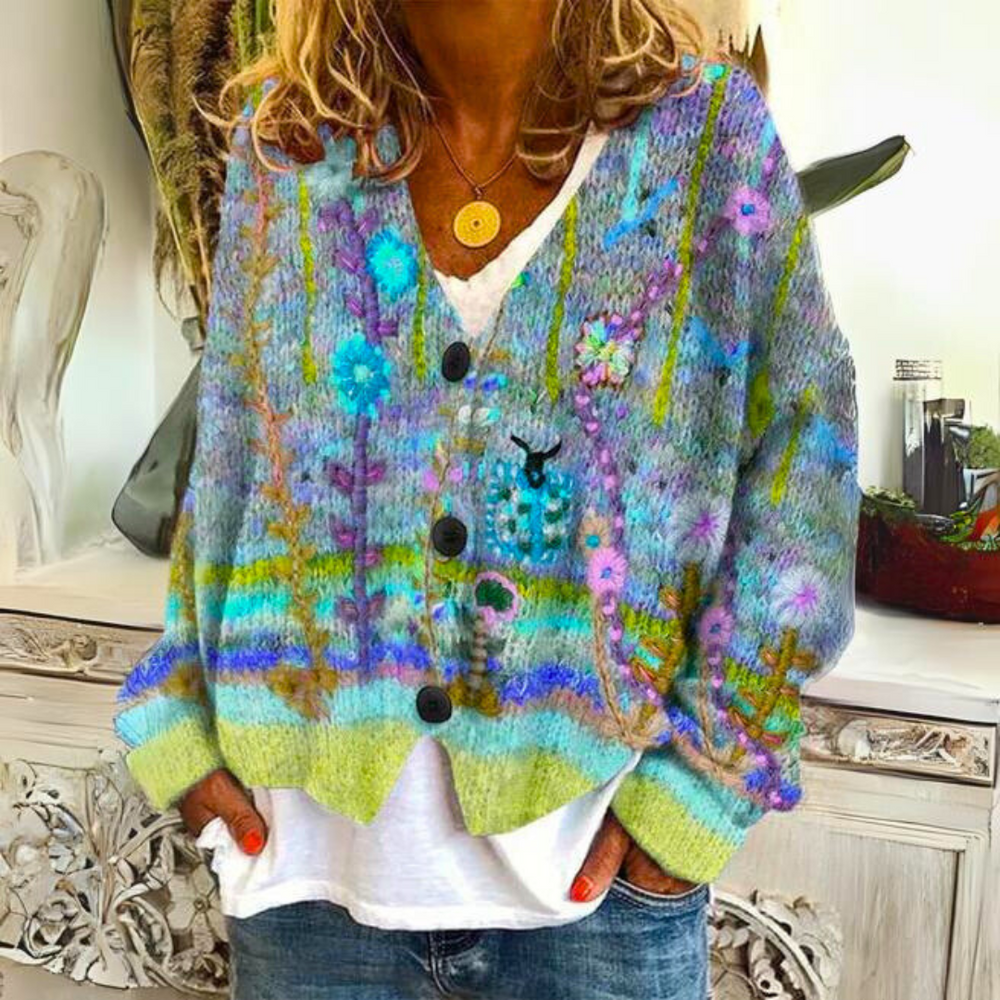 Pull tricot femme bohème, cardigan ample multicolore et chic, orné de délicates broderies florales.