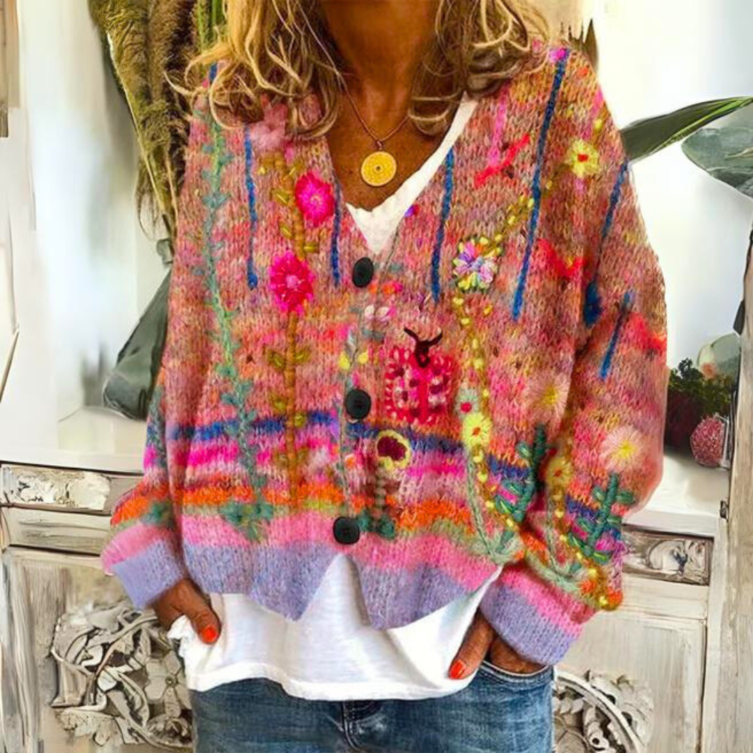 Cardigan décontracté femme, style bohème tendance. Ample, multicolore, parfait avec ses broderies florales.