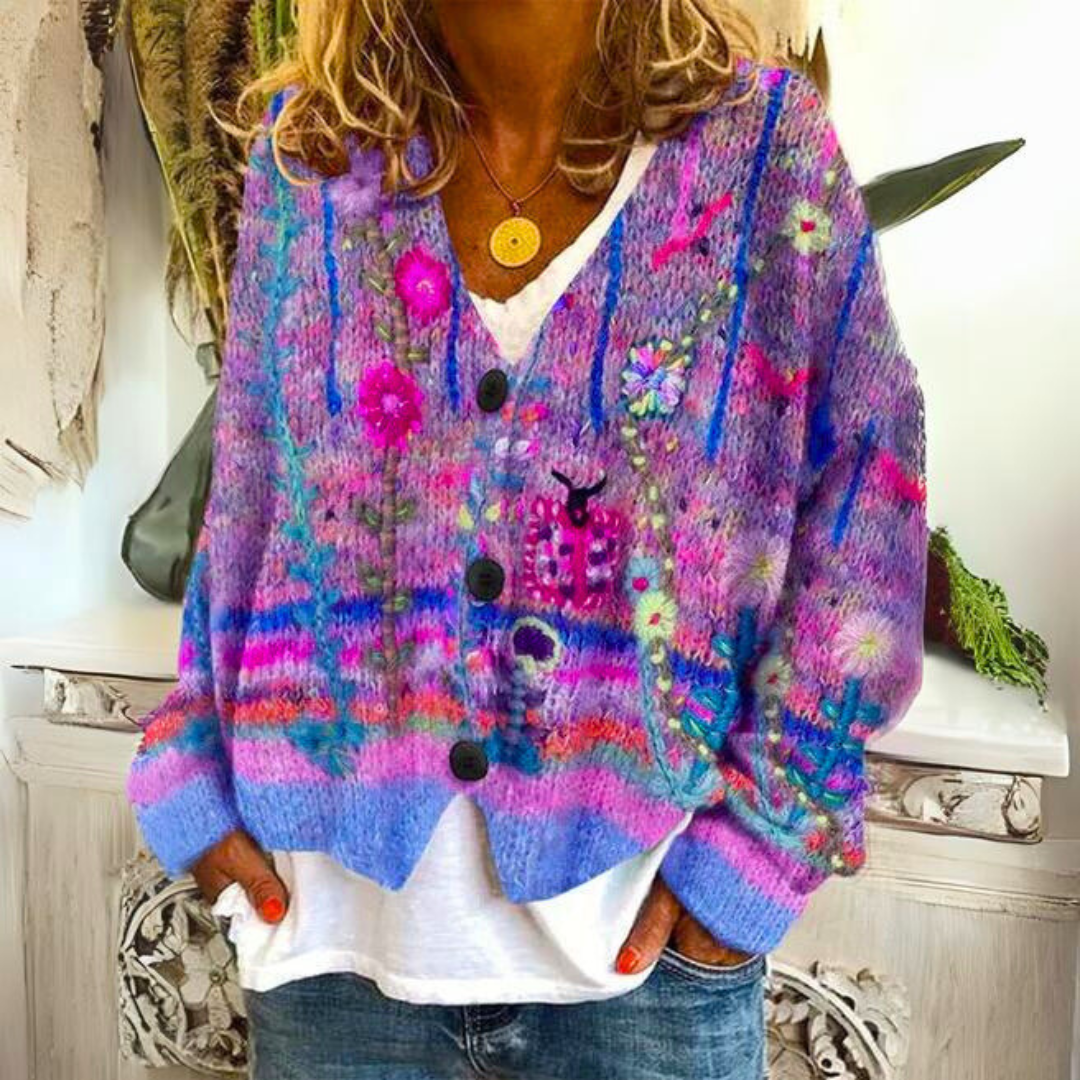 Cardigan Elisa bohème pour femme, ample et multicolore, avec des broderies florales détaillées. Pull hiver.