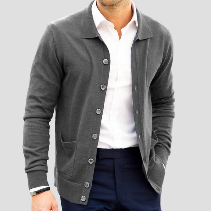 "Cardigan cachemire léger boutons, coupe droite, col V, poches plaquées, ton sur ton, pour hommes, élégant et confortable"