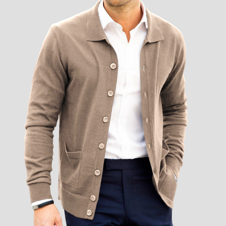 "Cardigan cachemire léger boutons, coupe droite, col V, poches plaquées, ton sur ton, pour hommes, élégant et confortable"