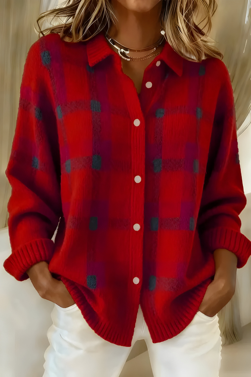 Veste légère femme chic et confortable, en maille douce à motifs carreaux pour l'automne.