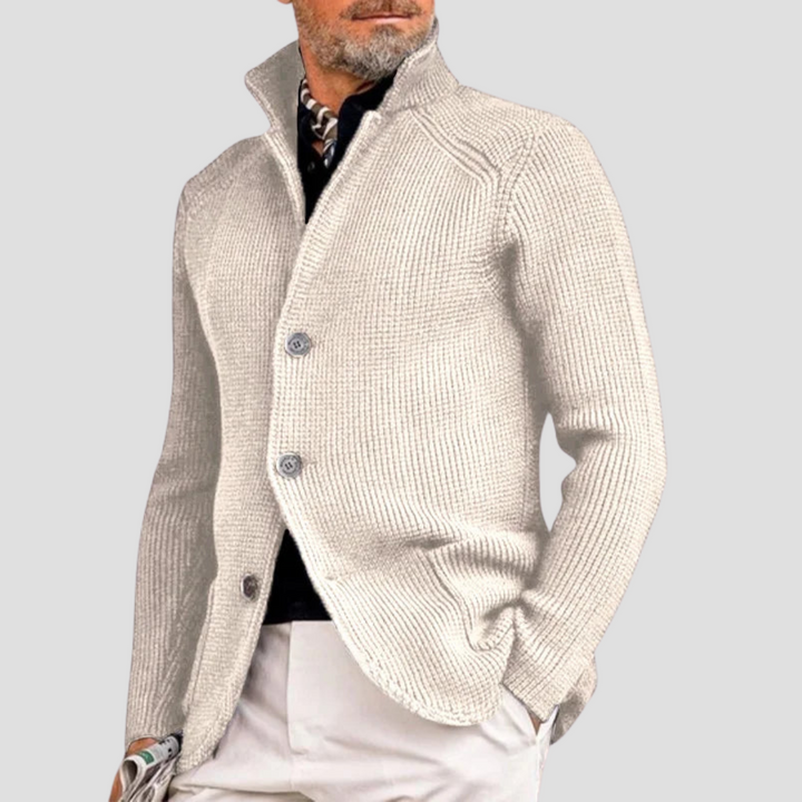 "Cardigan homme en maille côtelée, col montant, boutons discrets, style élégant et chaud pour toutes occasions"
