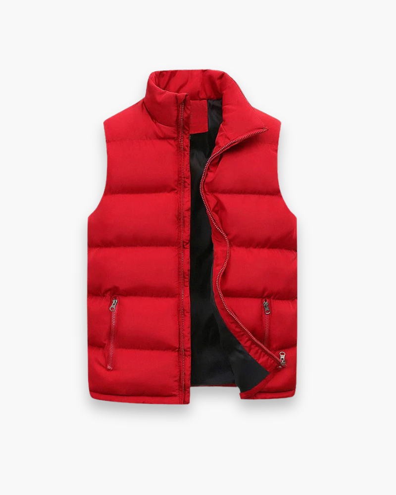 "Cardigan homme sans manches moderne, coupe ajustée, col montant, idéal pour mi-saison, style urbain et fonctionnel."