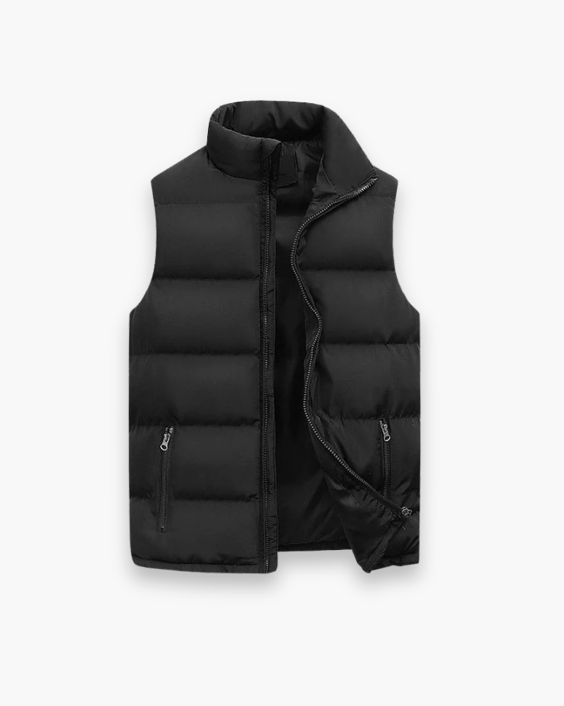 "Cardigan homme sans manches moderne, coupe ajustée, col montant, idéal pour mi-saison, style urbain et fonctionnel."