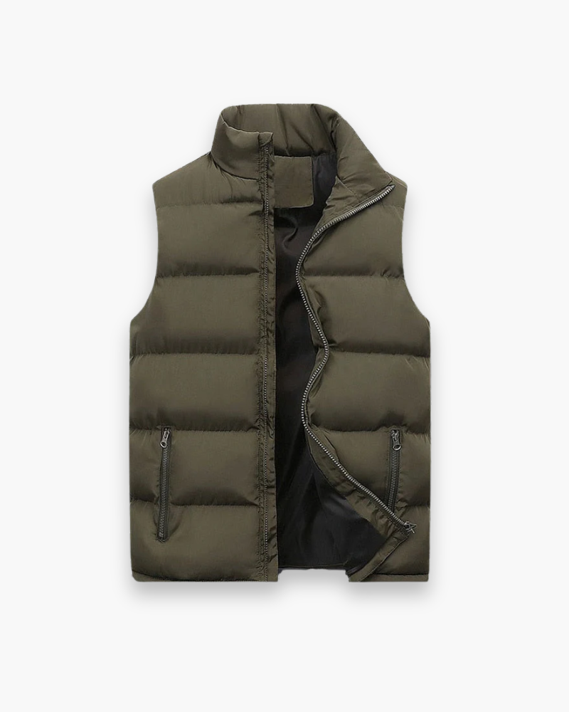 "Cardigan homme sans manches moderne, coupe ajustée, col montant, idéal pour mi-saison, style urbain et fonctionnel."