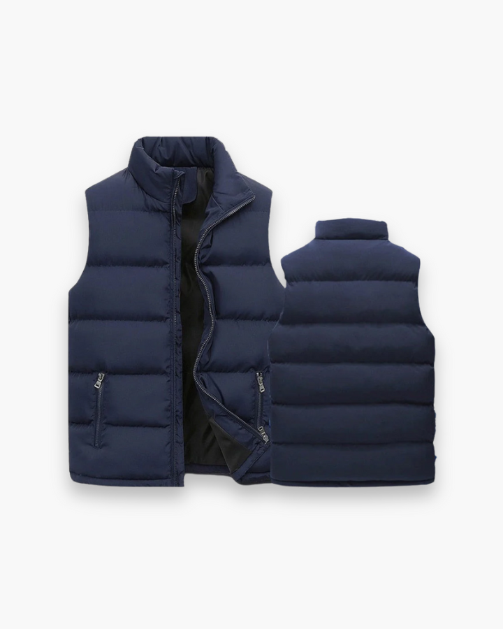 "Cardigan homme sans manches moderne, coupe ajustée, col montant, idéal pour mi-saison, style urbain et fonctionnel."