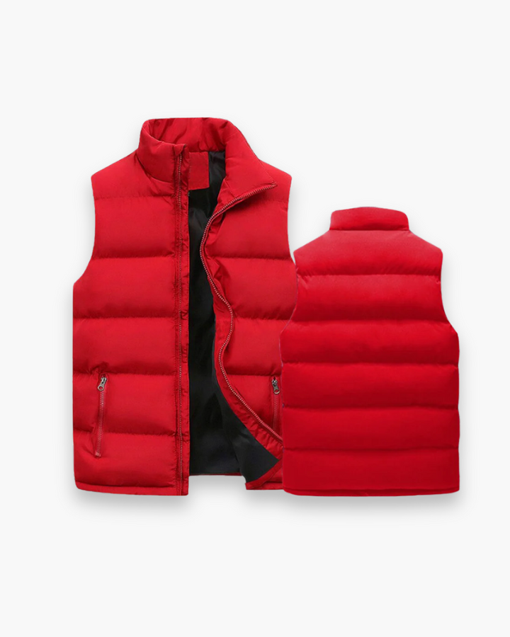 "Cardigan homme sans manches moderne, coupe ajustée, col montant, idéal pour mi-saison, style urbain et fonctionnel."