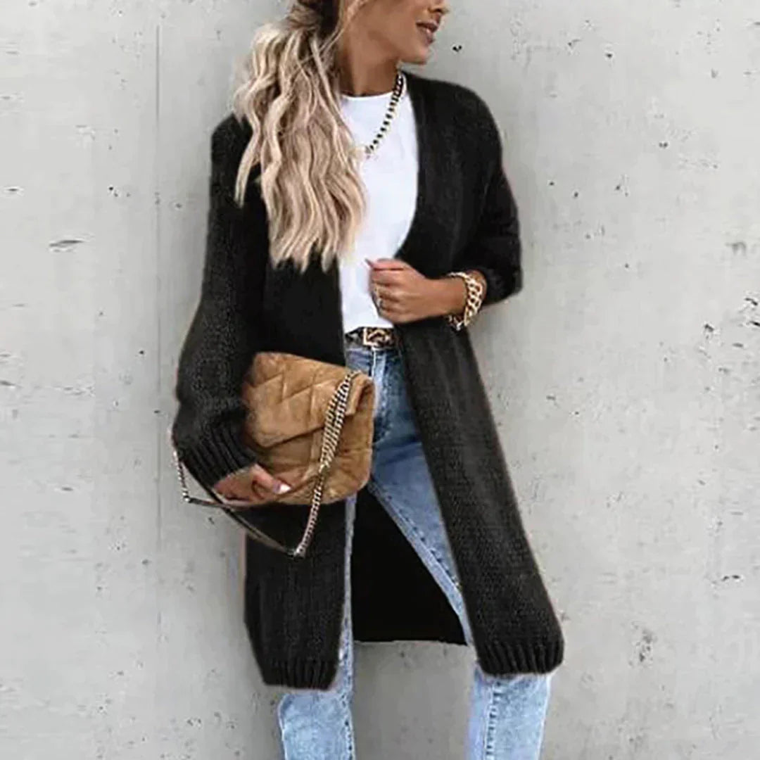 Cardigan long oversize femme rose, élégant et confortable pour superposition automne-hiver.