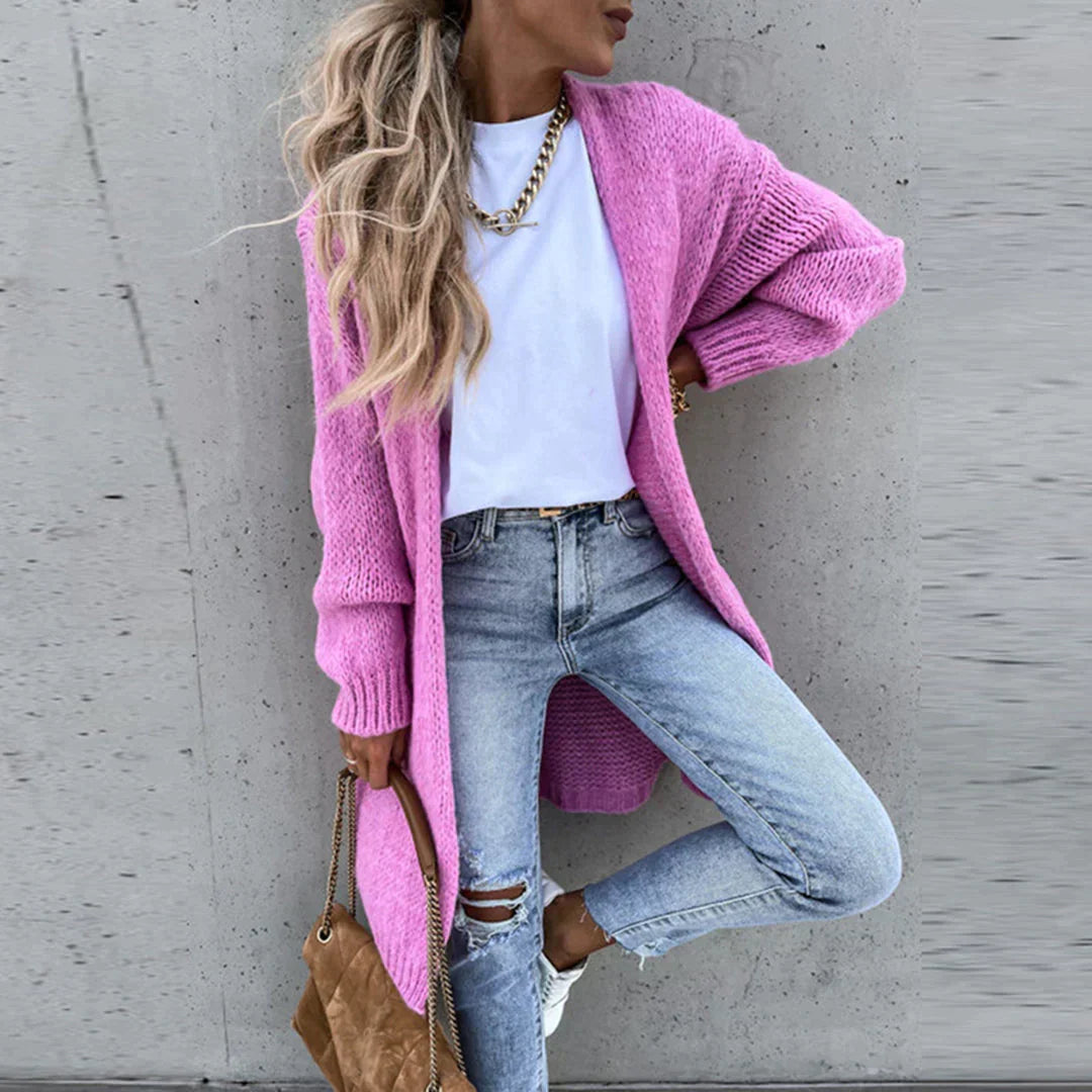 Cardigan long kaki femme, élégant et décontracté, parfait pour un look polyvalent.