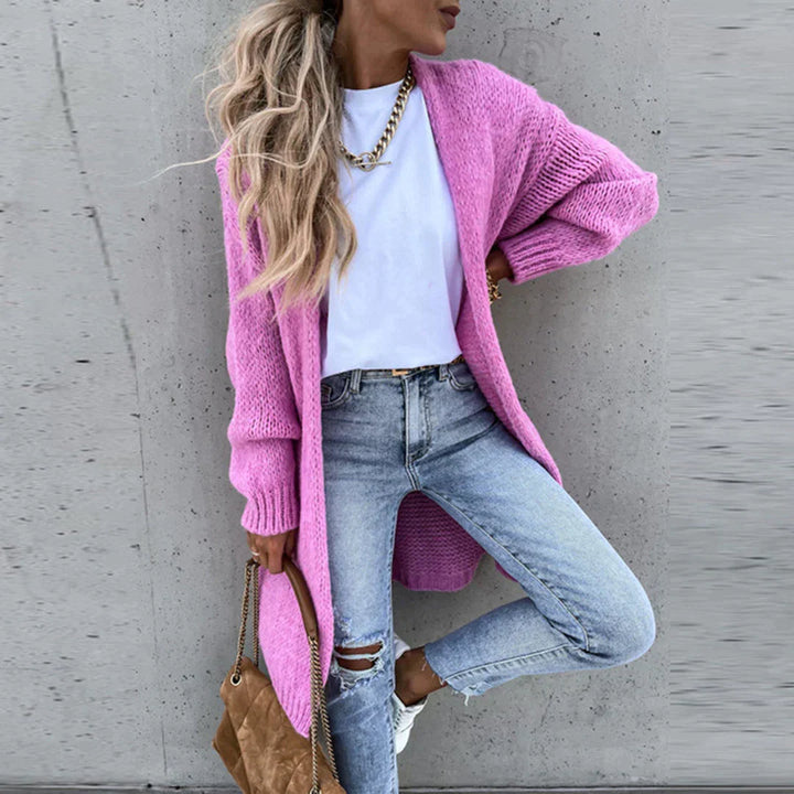 Cardigan long kaki femme, élégant et décontracté, parfait pour un look polyvalent.