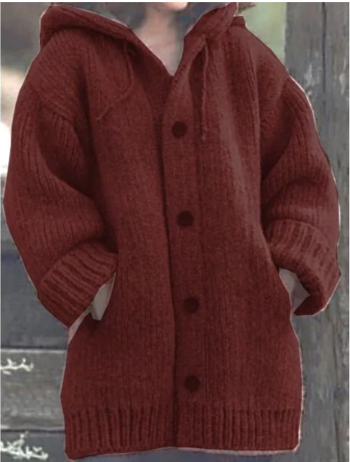 Cardigan femme chaud et douillet à capuche pour l'hiver, vêtement tricoté confortable.