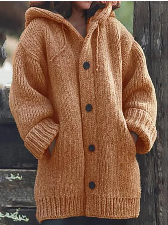 Pull cardigan femme tricoté avec capuche, élégant et chaud pour l'hiver.