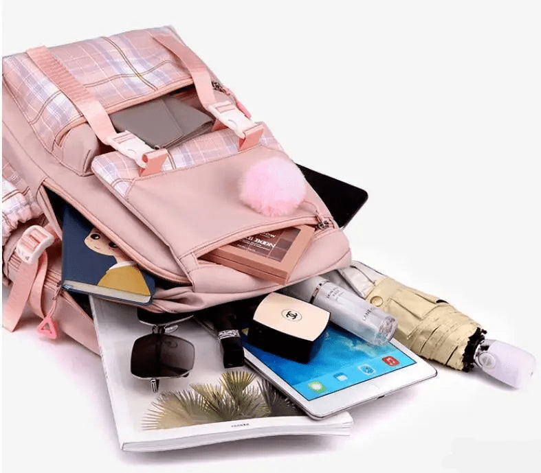 Cartable école grande capacité, design élégant, couleurs vives bleu/noir/rose/violet, bretelles réglables, pratique.