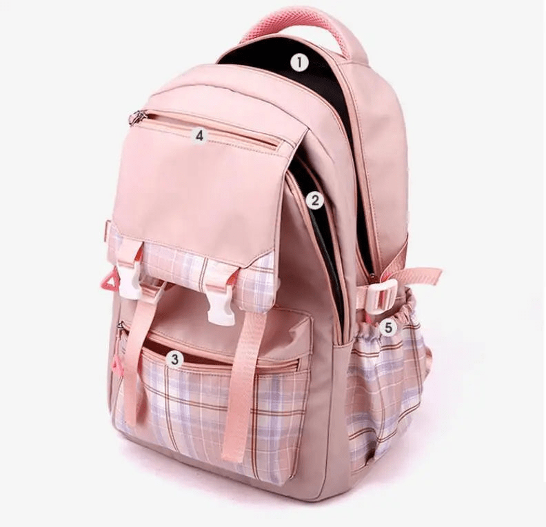 Cartable école grande capacité, design élégant, couleurs vives bleu/noir/rose/violet, bretelles réglables, pratique.