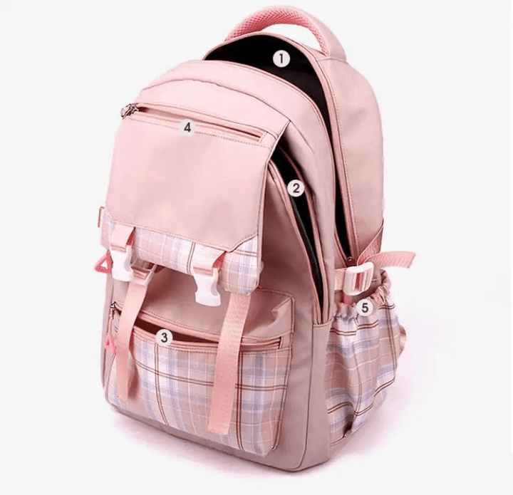 Cartable école grande capacité, design élégant, couleurs vives bleu/noir/rose/violet, bretelles réglables, pratique.