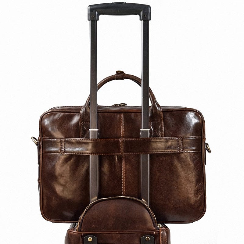 Cartable en cuir café, sac ordinateur homme avec poches multiples et fermeture éclair