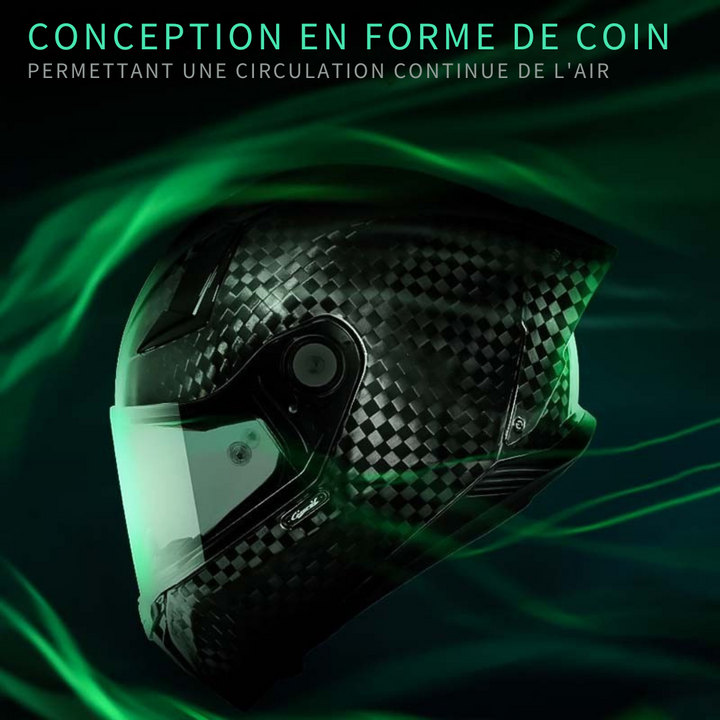 Casque moto intégral léger, fibre carbone.  Design aérodynamique, homologué DOT/ECE. Sécurité et confort.