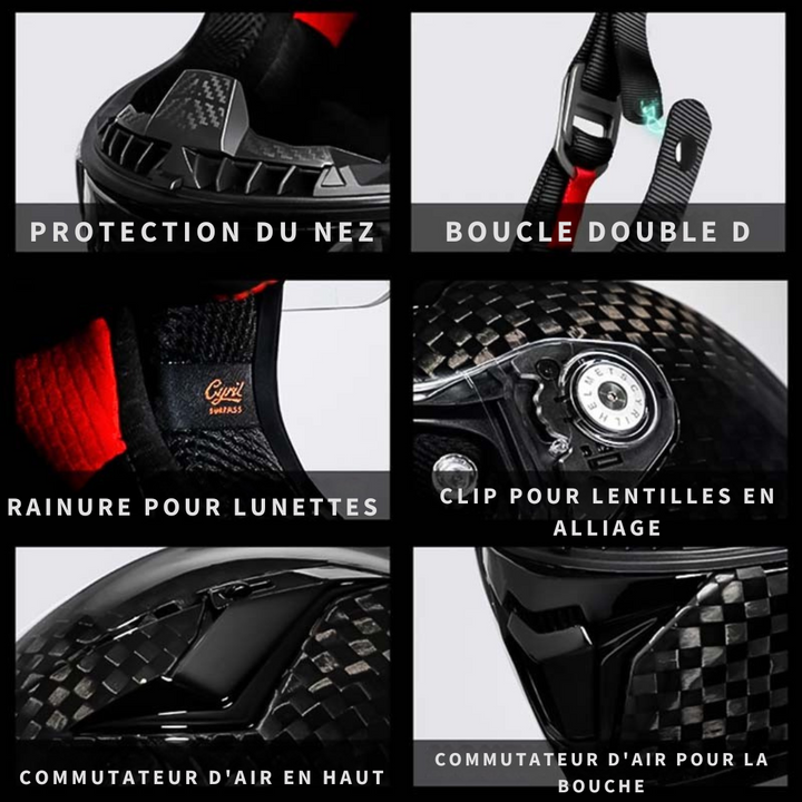 Casque moto intégral léger, fibre carbone.  Design aérodynamique, homologué DOT/ECE. Sécurité et confort.