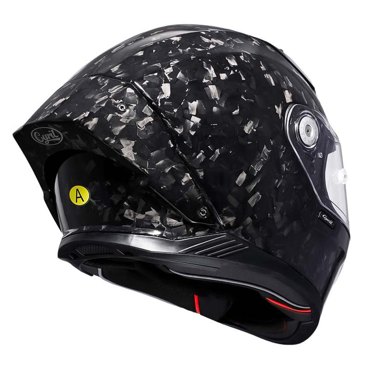Casque moto intégral léger, fibre carbone.  Design aérodynamique, homologué DOT/ECE. Sécurité et confort.