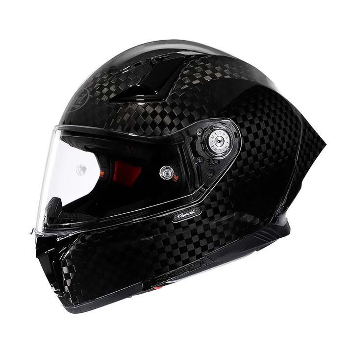 Casque moto intégral léger, fibre carbone.  Design aérodynamique, homologué DOT/ECE. Sécurité et confort.