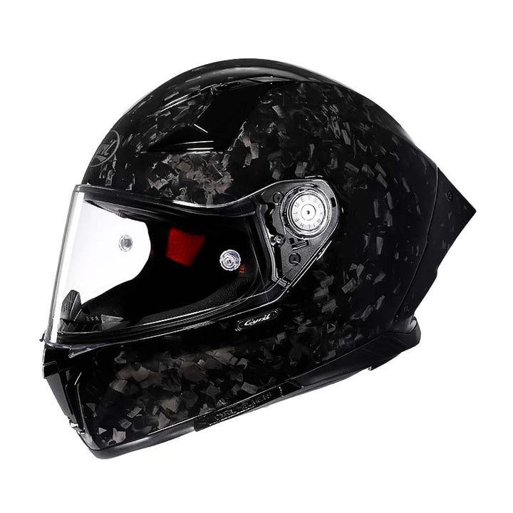 Casque moto intégral léger, fibre carbone.  Design aérodynamique, homologué DOT/ECE. Sécurité et confort.