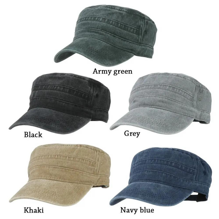 "Casquette militaire rétro homme ajustable, vue de profil, couleur kaki, design vintage moderne, matériau respirant."