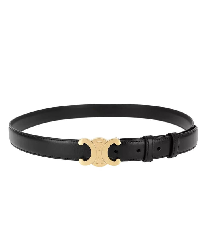 Ceinture femme noire élégante avec boucle dorée chic, accessoire de mode polyvalent.