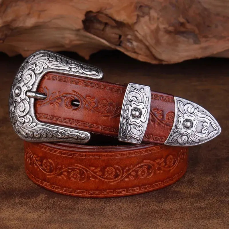 Ceinture homme cuir véritable, design western et boucle gravée. Parfait pour un style cowboy casual ou élégant.