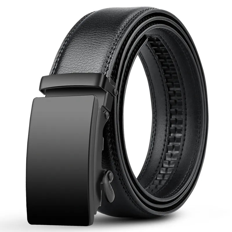 "Ceinture homme luxe en similicuir noir avec boucle automatique, style moderne et ajustable, idéal pour tenues élégantes."