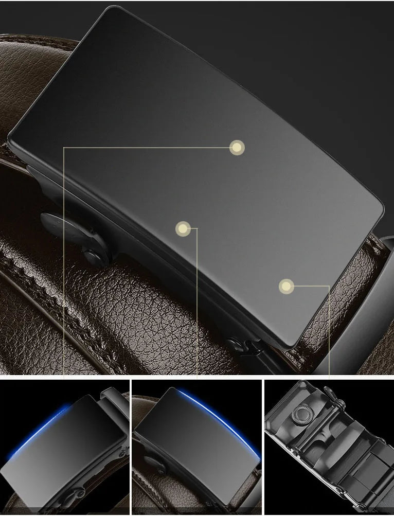 "Ceinture homme luxe en similicuir noir avec boucle automatique, style moderne et ajustable, idéal pour tenues élégantes."