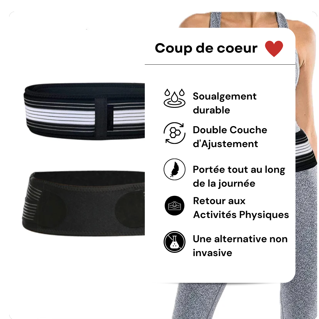 Ceinture lombaire ergonomique, noire, ajustable, pour soulagement des douleurs dorsales et confort quotidien, à usage discret